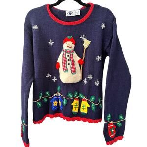 Vtg Ugly Christmas Sweater Medium Navy Knit Ramie Cotton Snowman Blue Mittens 3D